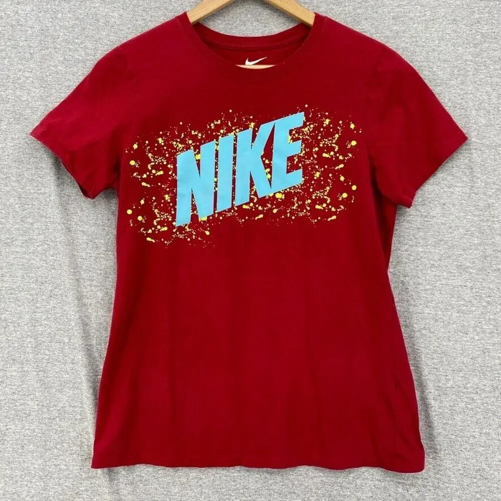 The Nike Tee Shirt Womens Large Red Blue Letters Short Sleeve Athletic Cut